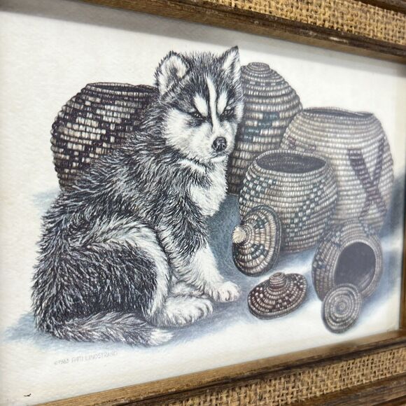 Patti Lindstrand 1983 Pencil Signed Print Husky Puppies Titled Basket Sentinel - Picture 2 of 9